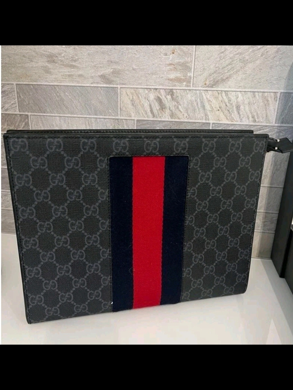 Gucci Black GG Web  Supreme Guccissima Clutch